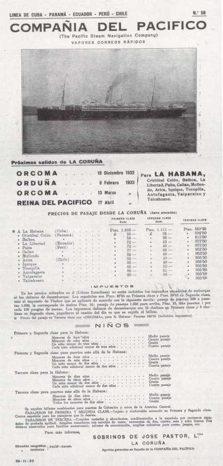 Cartel anunciador Compañía del Pacífico con salida de Coruña para la Habana, contiene los precios.
